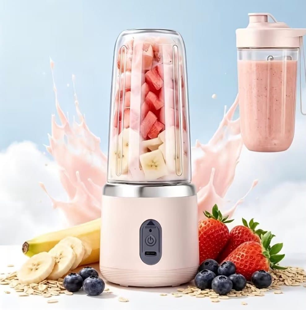 Pink rechargeable portable blender with fruit