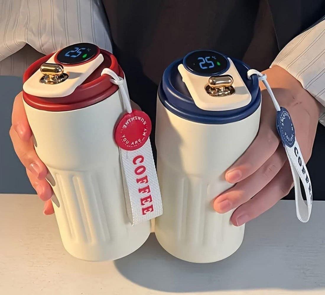 Two Lustre by Kal tumblers with a digital temperature display